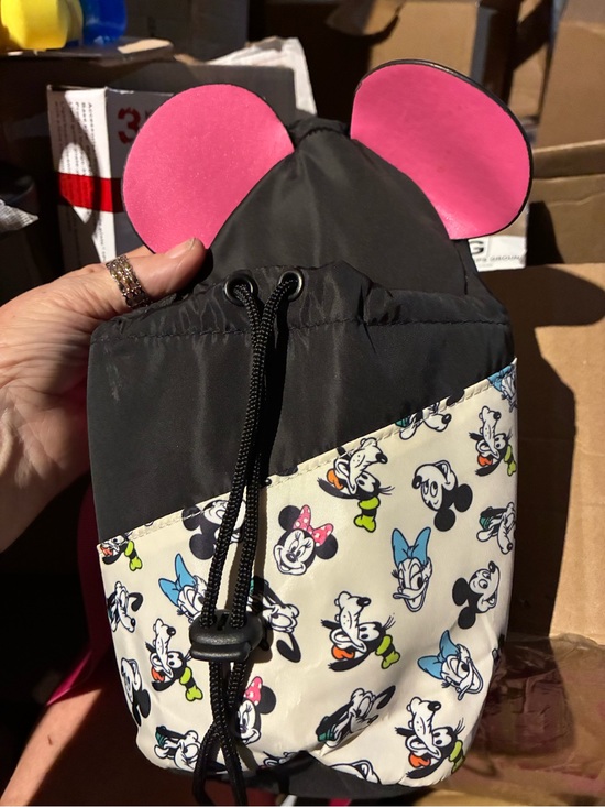 Disney Other - Disney Black Drawstring Backpack with Pink Ear Accents and Character Print